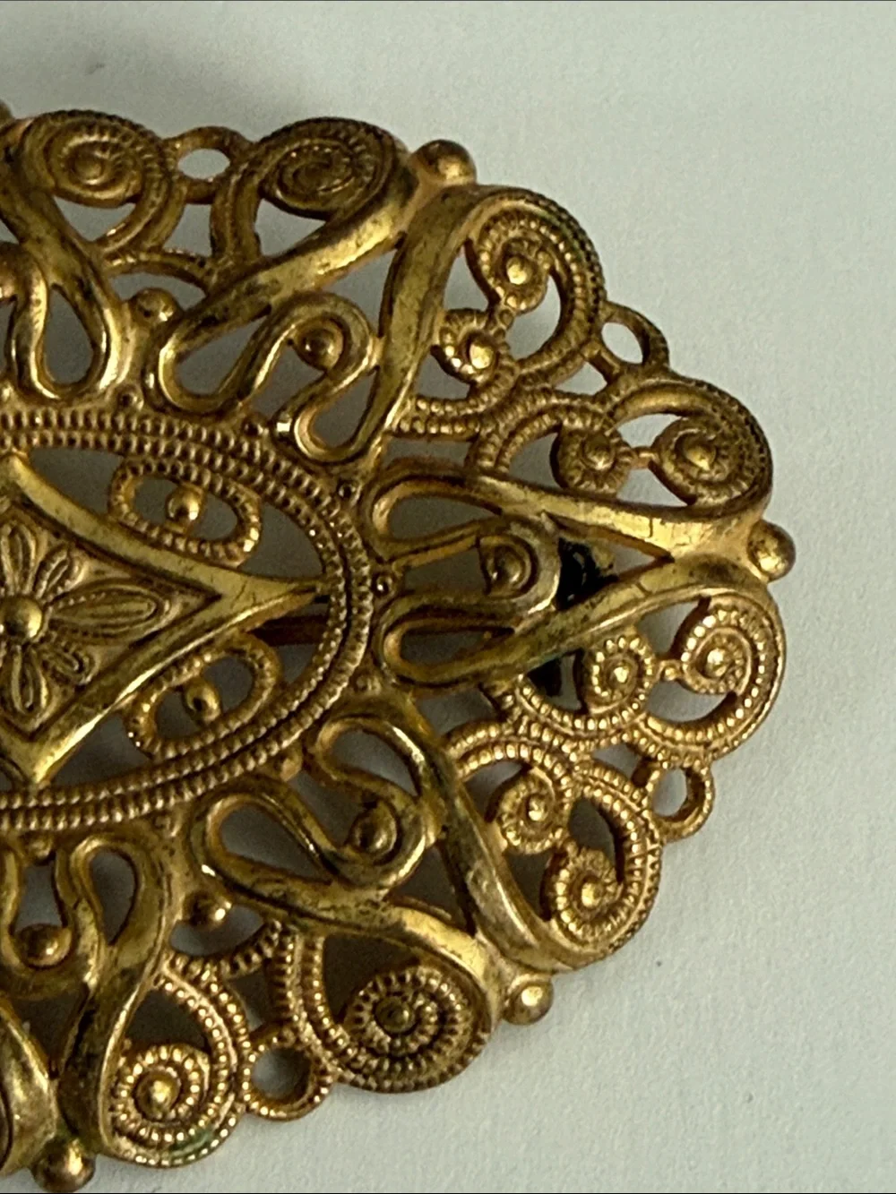 Vintage Miriam Haskell antique revival gold tone Filigree Oval Brooch pin